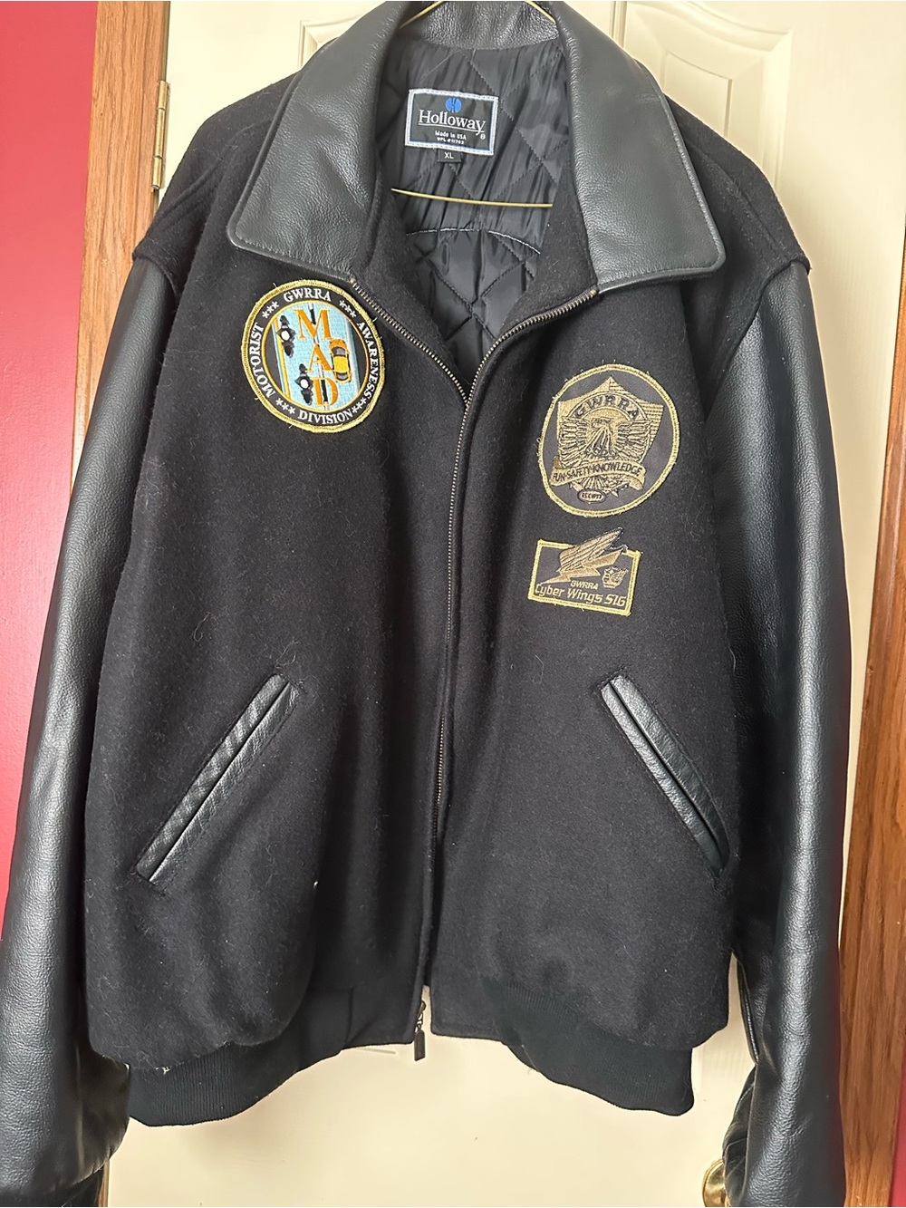 Holloway Black Wool Body Leather-Sleeve Bomber Jacket with Gold Patches